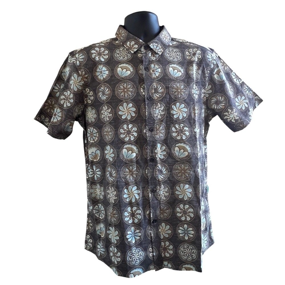 Vissla Mens Large Button Up Shirt Charcoal Gray Teal Blue Medallion Floral Surf